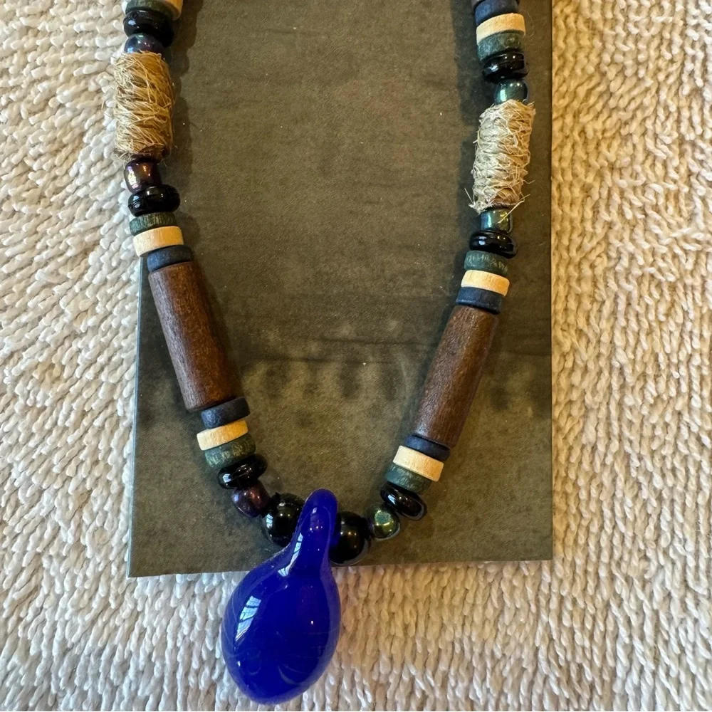 Panama Jack eXtreme‎ 18” Beaded Necklace Blue Glass Pendant Y2K NOS 2002